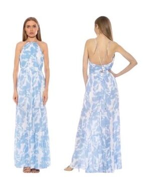 Alexa Admor Kira ruffle Light Blue and White Tie-Dye Backless Halter Maxi Dress
